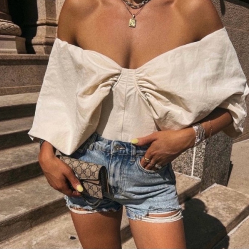 Zara Off-Shoulder Cream Bow Front Blouse